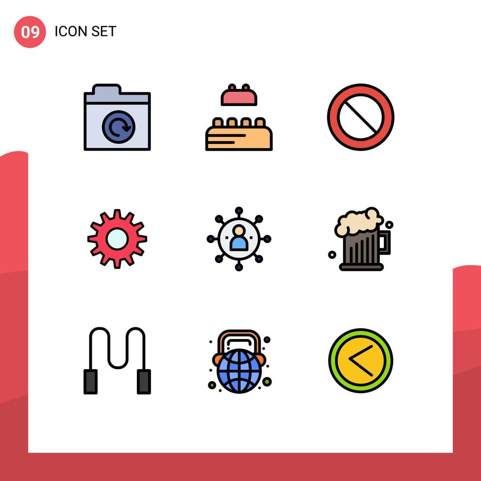 paquete de 9 modernos signos y símbolos de colores planos de línea rellena para medios de impresión web, como personas de cerveza, signos de personas, elementos de diseño de vectores editables de negocios