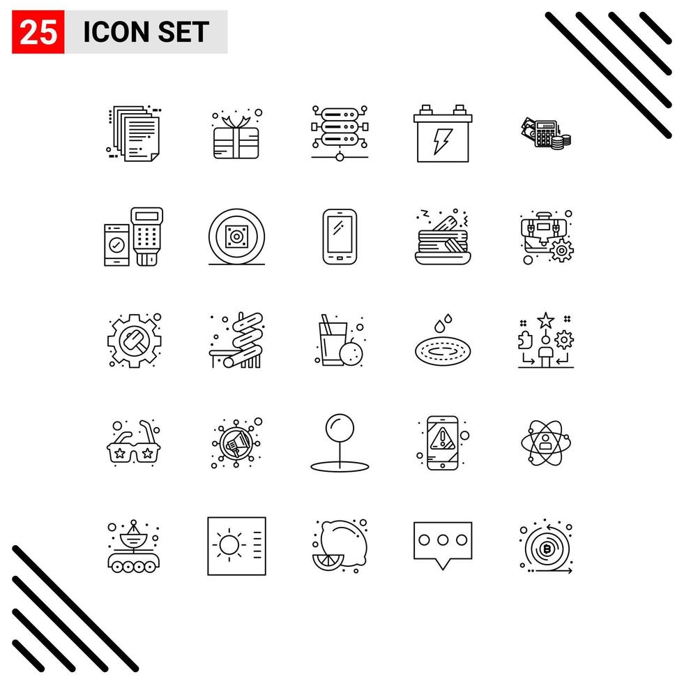 User Interface Pack of 25 Basic Lines of dollar energy prize electric accumulator Editable Vector Design Elements