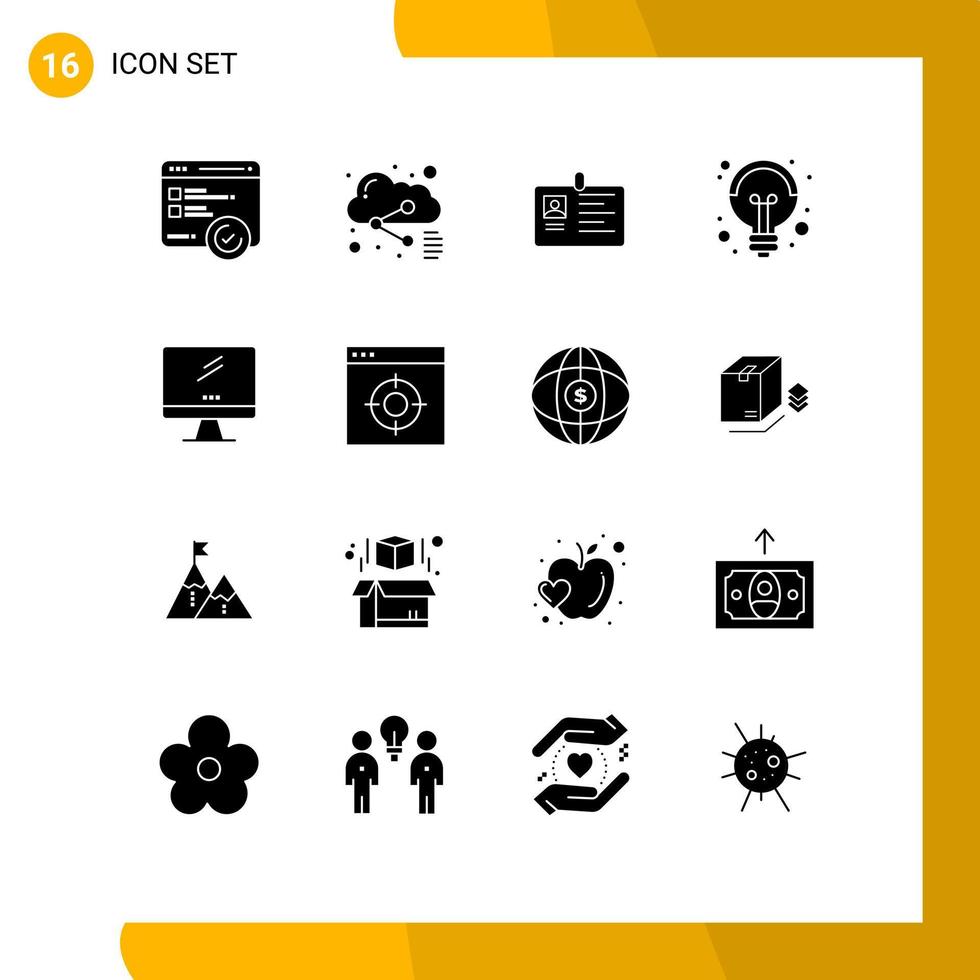 conjunto moderno de 16 pictogramas de glifos sólidos de elementos de diseño vectorial editables de tarjeta de identificación de pase de tarjeta de electricidad ligera vector