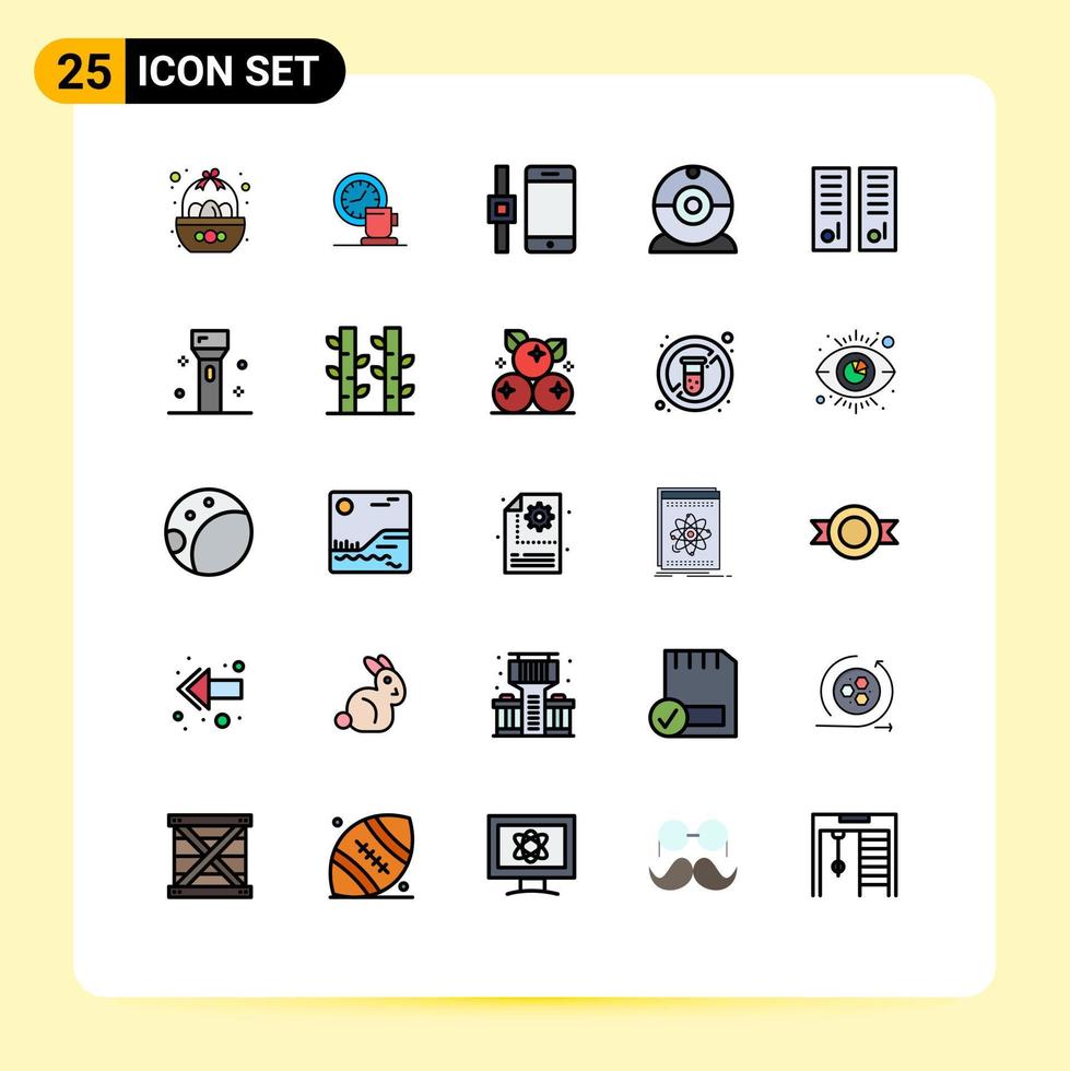 Pack of 25 Modern Filled line Flat Colors Signs and Symbols for Web Print Media such as lockers devices time camera smartphone Editable Vector Design Elements