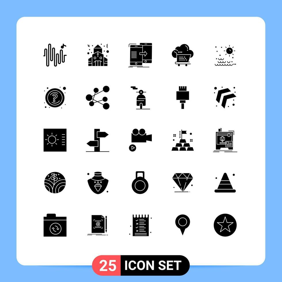 Paquete de glifos sólidos de 25 interfaces de usuario de signos y símbolos modernos de elementos de diseño de vectores editables en la nube de comercio electrónico de sincronización de carro solar
