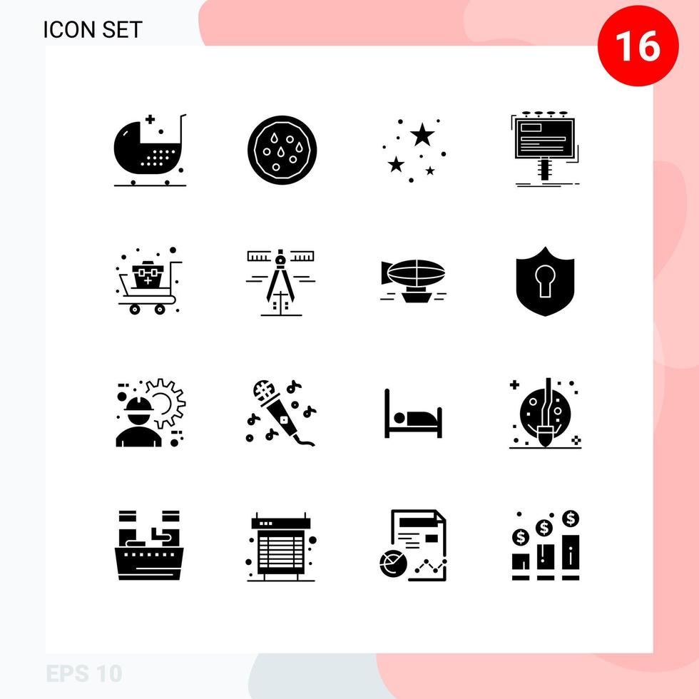 Modern Set of 16 Solid Glyphs and symbols such as first aid billboard night advertising ad Editable Vector Design Elements