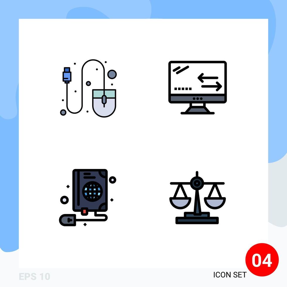 Set of 4 Vector Filledline Flat Colors on Grid for computer book tool arrows globe Editable Vector Design Elements