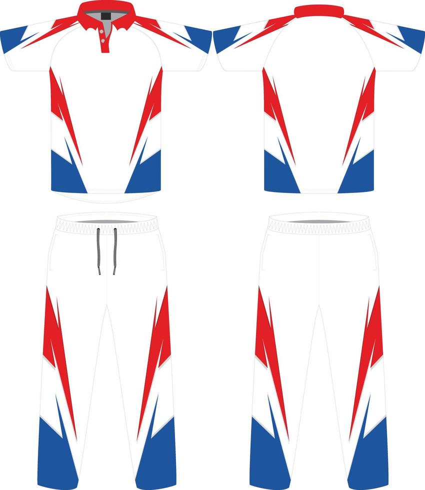 Cricket uniform set with front and back view Sports Cricket t-shirt jersey and bottom trouser design template, mock up vector