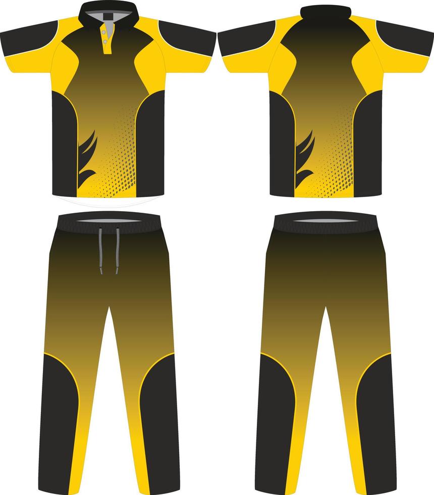 Cricket uniform set with front and back view Sports Cricket t-shirt jersey and bottom trouser design template, mock up vector