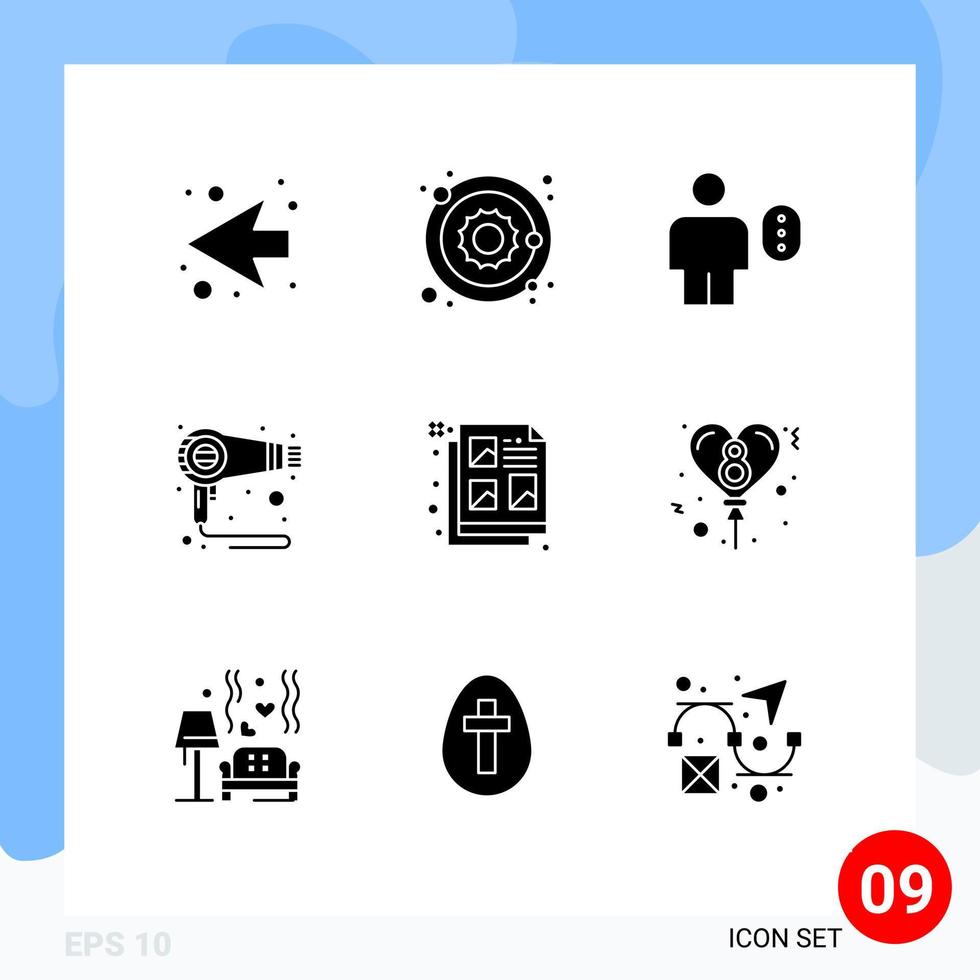 Modern Set of 9 Solid Glyphs Pictograph of design machine avatar hair dryer Editable Vector Design Elements