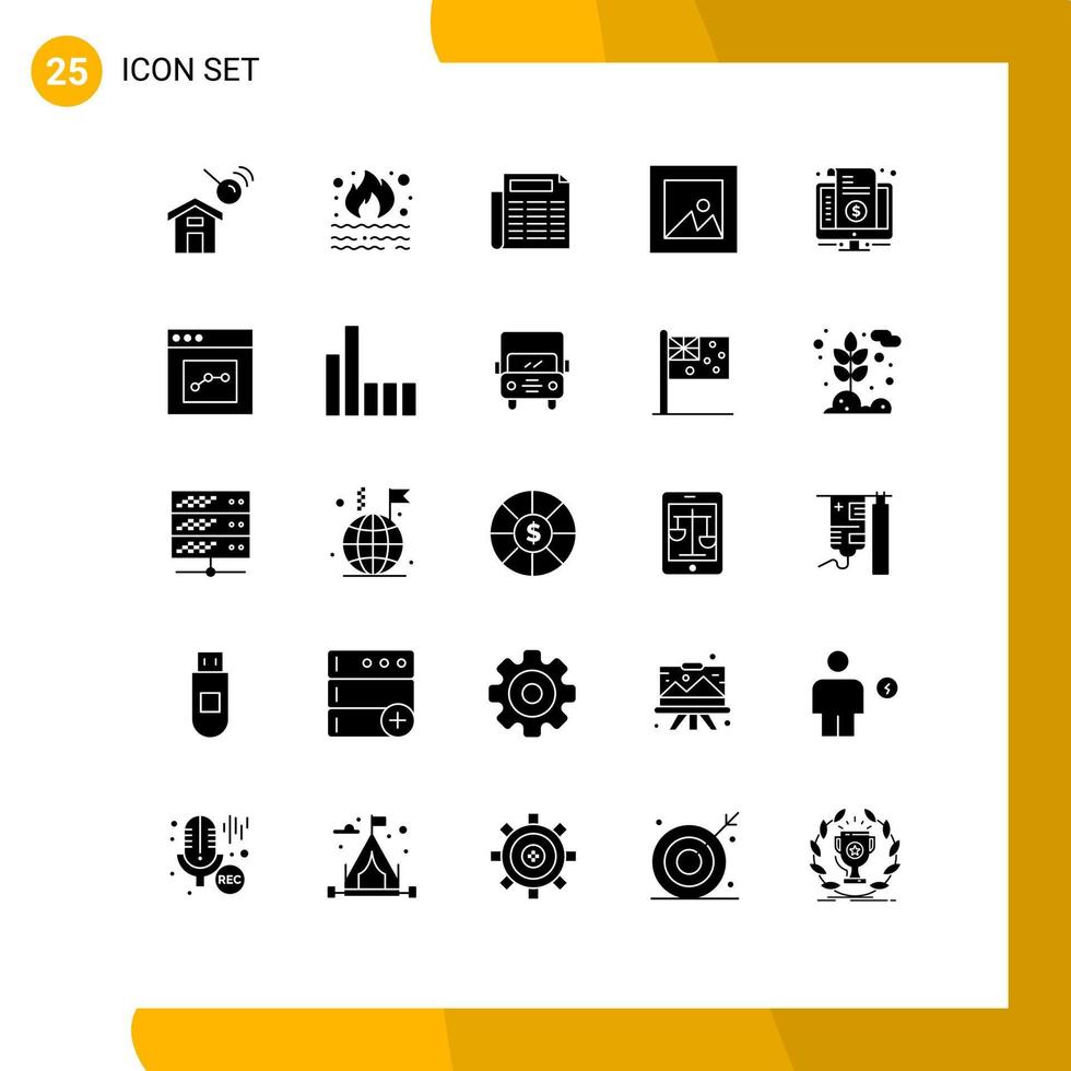 Modern Set of 25 Solid Glyphs Pictograph of invoice bill smoke photo image Editable Vector Design Elements