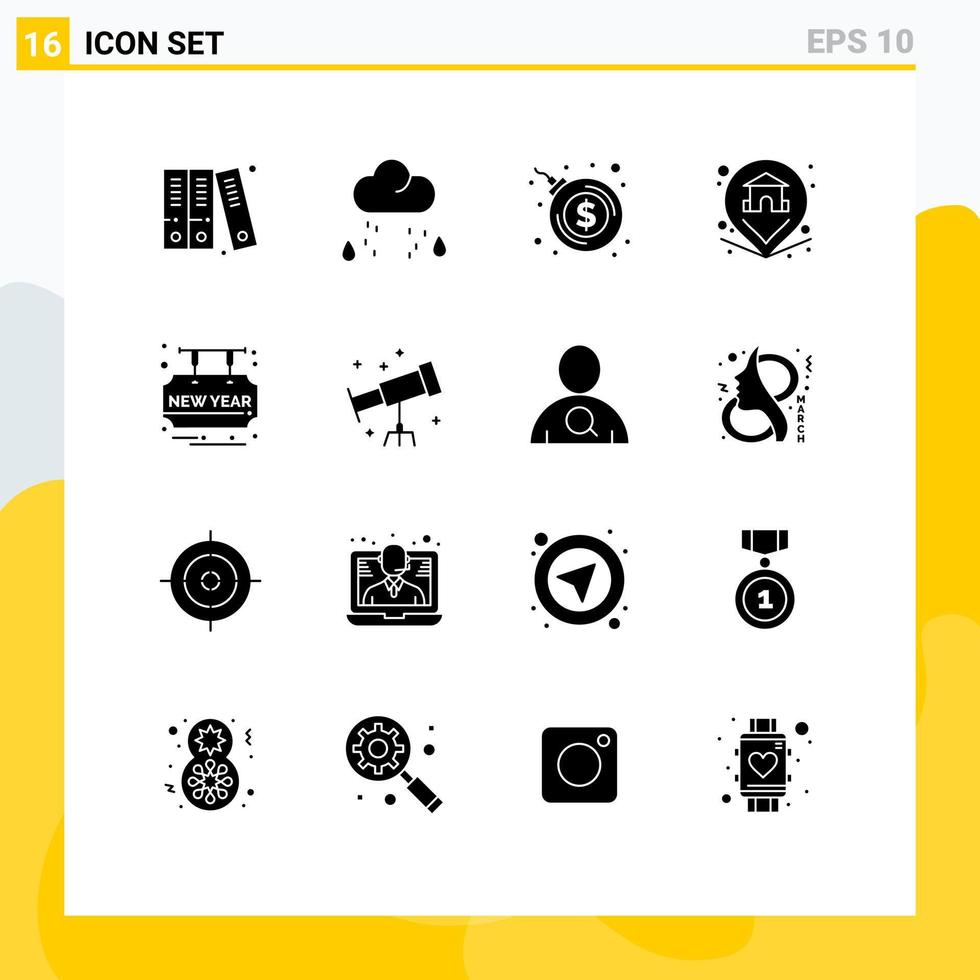 Group of 16 Solid Glyphs Signs and Symbols for party time greetings bombshell card property Editable Vector Design Elements