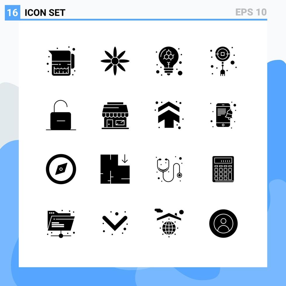 grupo de 16 signos y símbolos de glifos sólidos para elementos de diseño de vectores editables de decoración de adornos de educación de bloqueo de seguridad