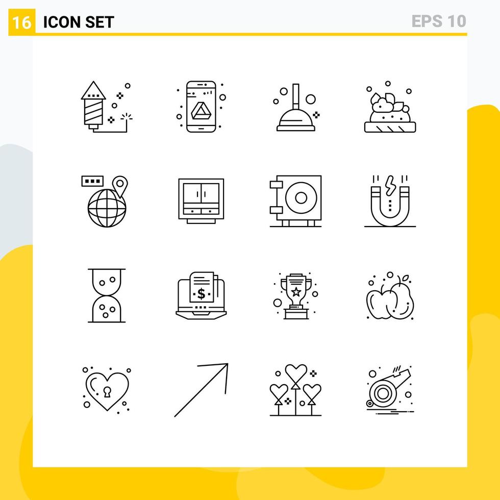 16 Universal Outlines Set for Web and Mobile Applications location map cleaning world food Editable Vector Design Elements