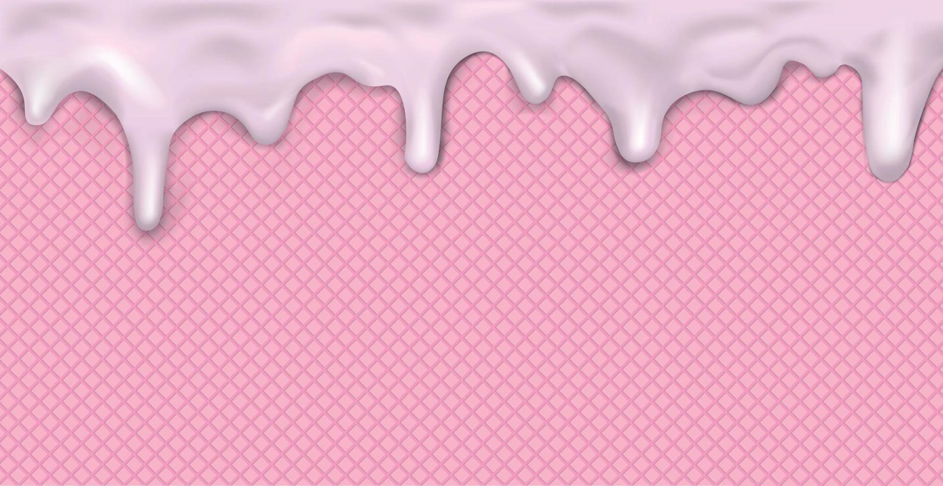 Sweet seamless panoramic ice cream pattern with dripping pink icing and wafer texture - Vector