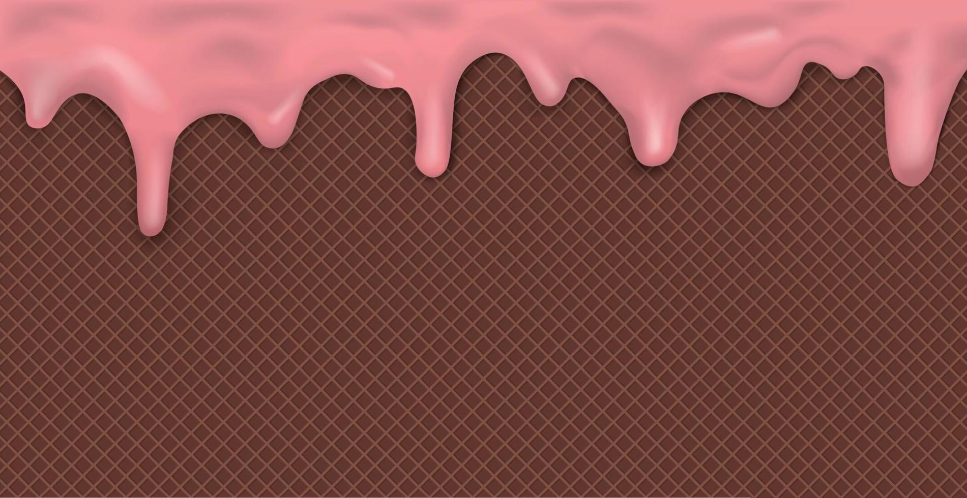 Sweet seamless panoramic ice cream pattern with dripping pink icing and wafer texture - Vector