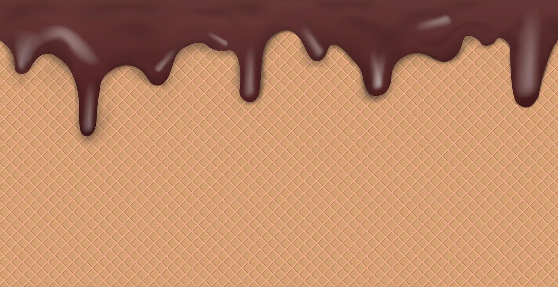 patrón de helado panorámico dulce sin costuras con glaseado de chocolate oscuro goteante y textura de oblea - vector