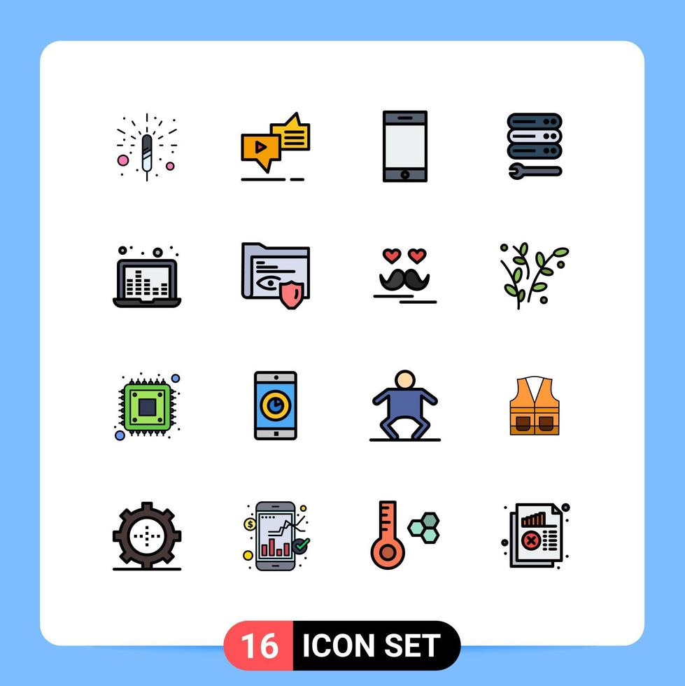 Pictogram Set of 16 Simple Flat Color Filled Lines of sound frequency laptop device web settings Editable Creative Vector Design Elements