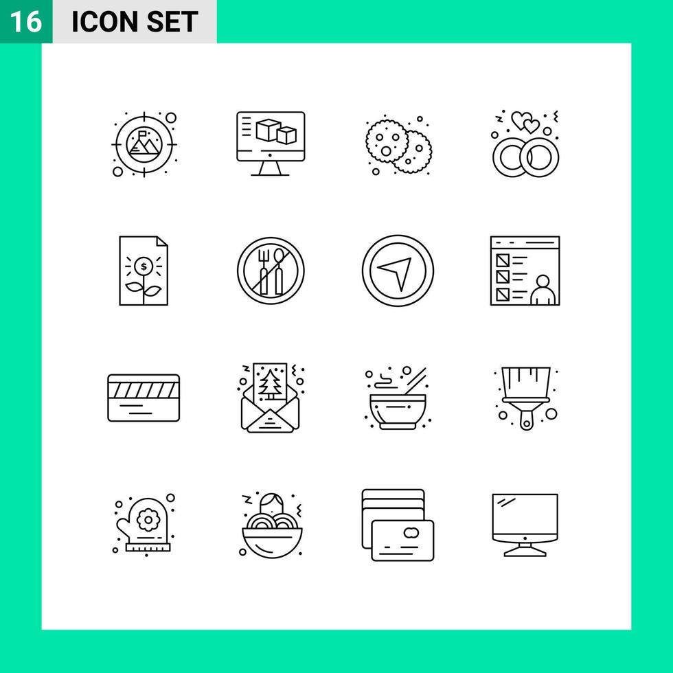 Stock Vector Icon Pack of 16 Line Signs and Symbols for document bank food wedding love Editable Vector Design Elements