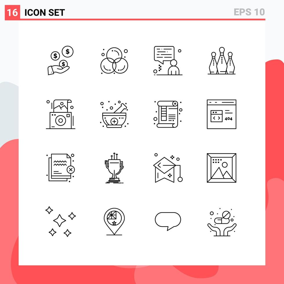 paquete de 16 signos y símbolos de contornos modernos para medios de impresión web, como pines de cámara, bolos gráficos, elementos de diseño de vectores editables