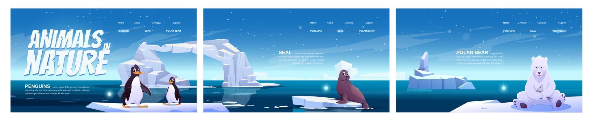 Animals in nature cartoon landing pages, banners vector