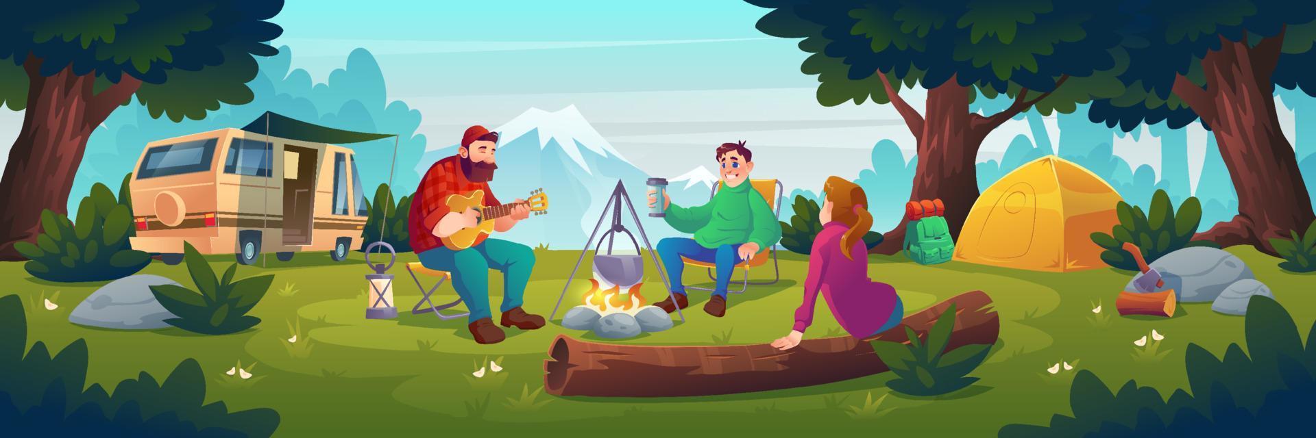 Summer camp with people sitting near bonfire vector