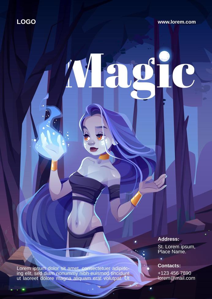 cartel de dibujos animados con mujer mágica y fuego mago vector
