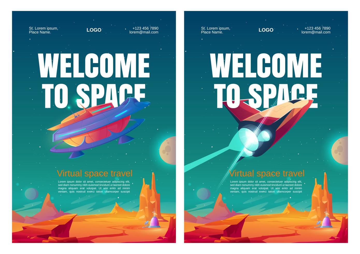 Virtual space travel posters with spacecraft vector