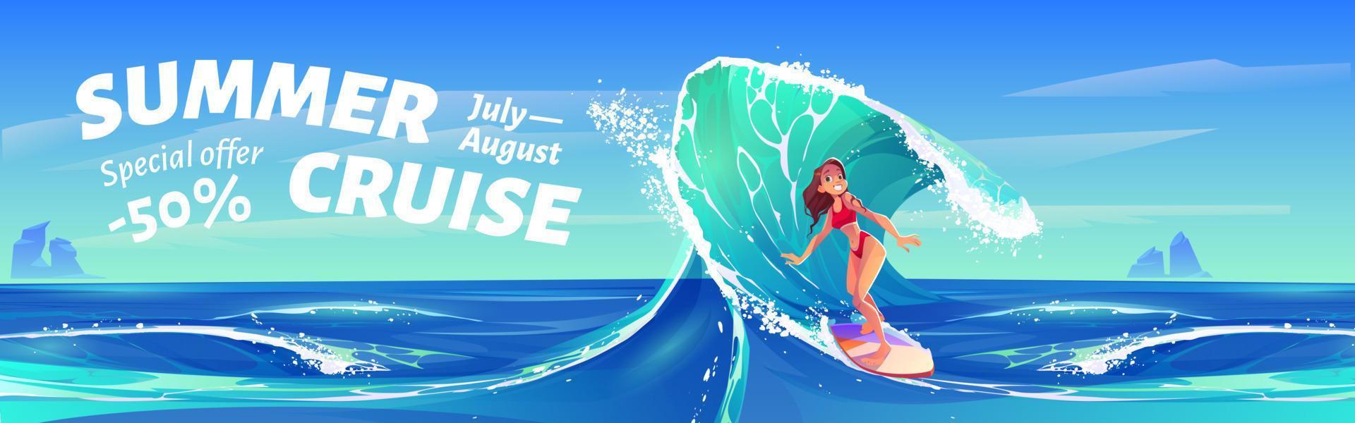 banner de crucero de verano con chica surfista vector