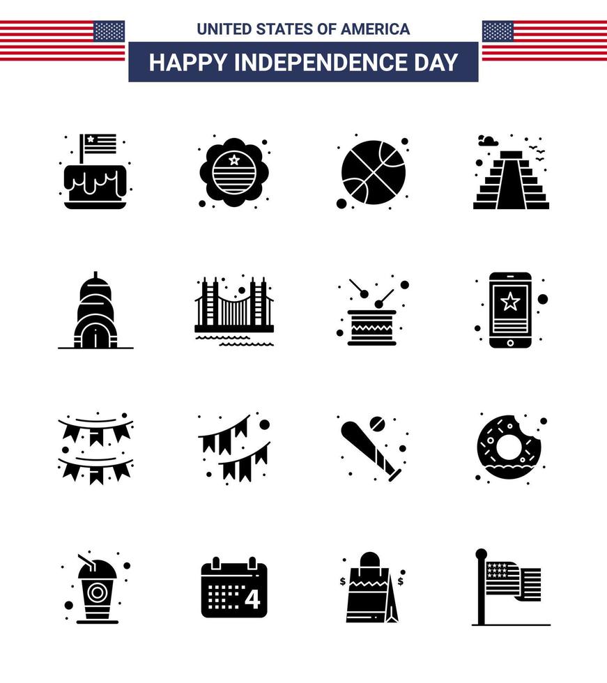 USA Independence Day Solid Glyph Set of 16 USA Pictograms of chrysler landmark badge building day Editable USA Day Vector Design Elements