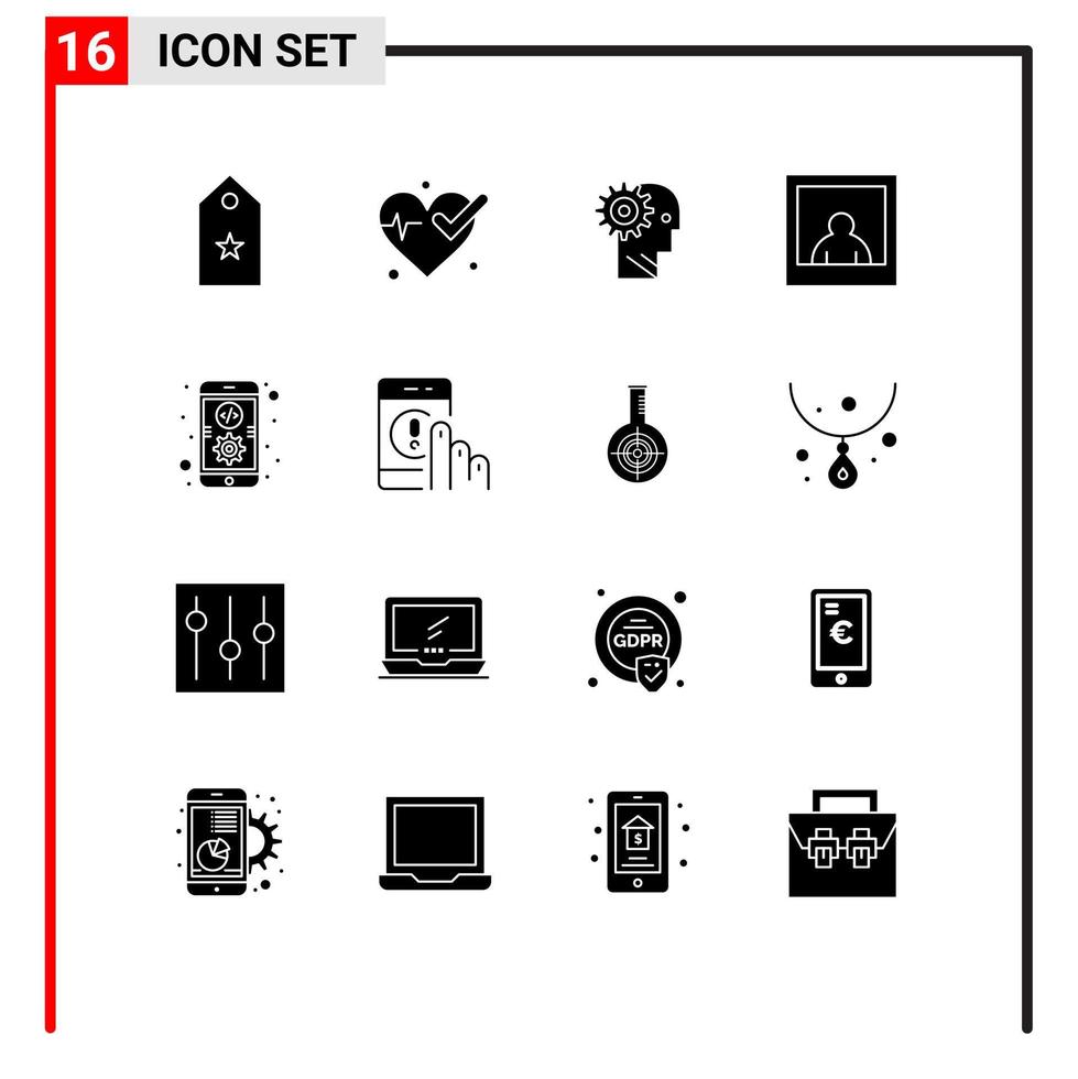 16 Universal Solid Glyphs Set for Web and Mobile Applications app photo solution working mechanism Editable Vector Design Elements