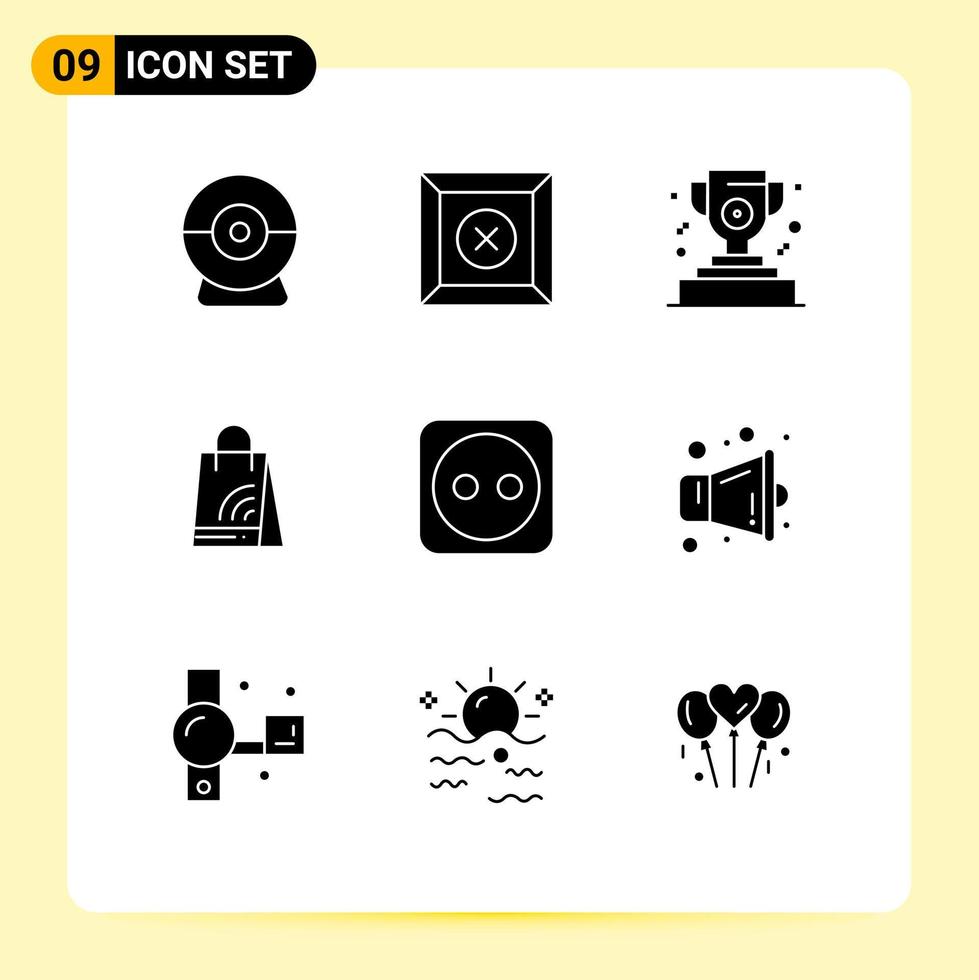 Modern Set of 9 Solid Glyphs Pictograph of multimedia tools winner plug shopping Editable Vector Design Elements