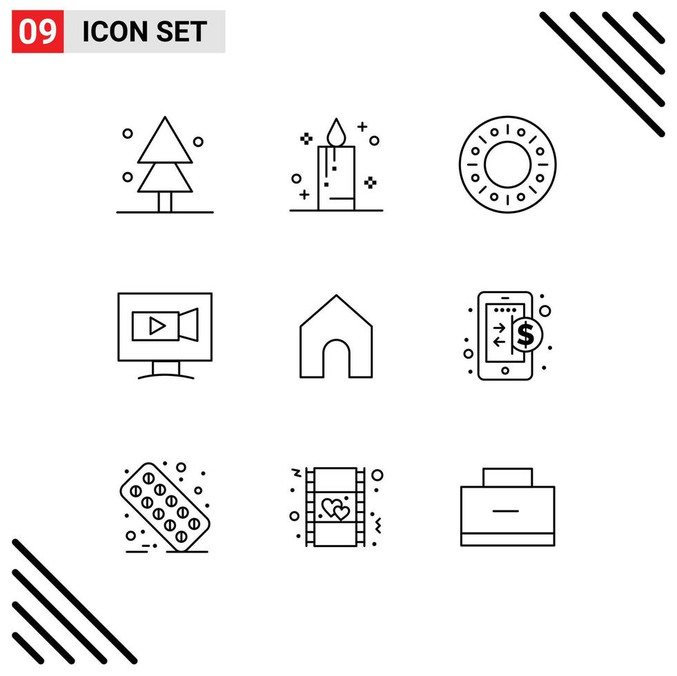 Universal Icon Symbols Group of 9 Modern Outlines of business instagram doughnut home video Editable Vector Design Elements