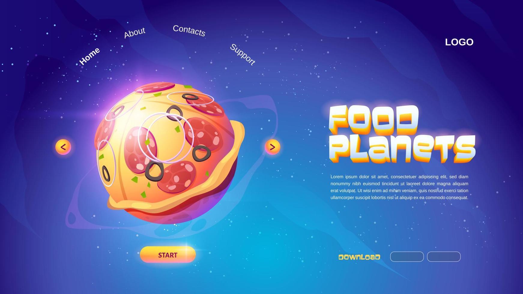 Food planets cartoon landing page with space pizza vector