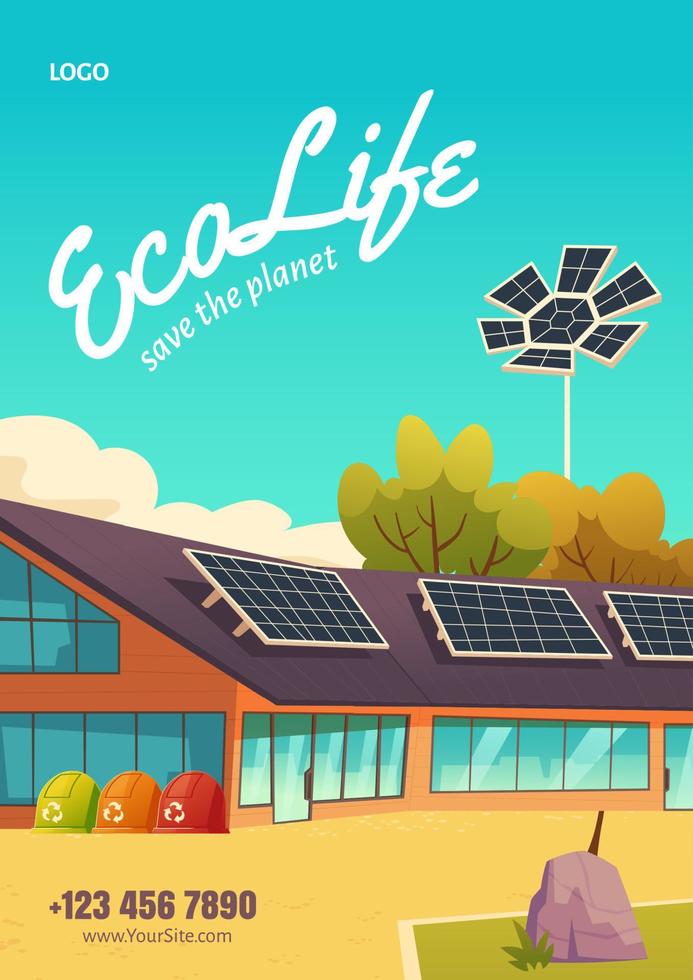 cartel de vida ecológica, paneles solares y basura cero vector