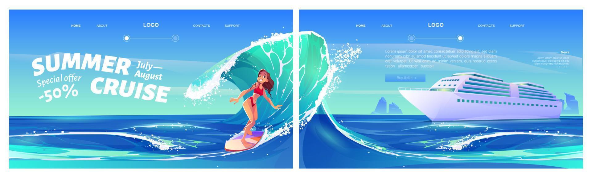 Summer cruise cartoon landing with surfing girl vector