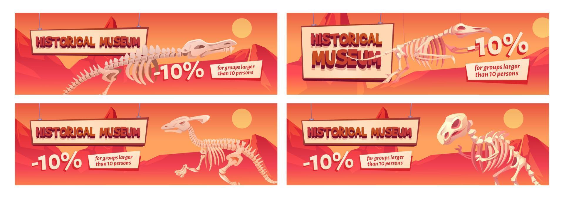 banner promocional del museo histórico con huesos de dinosaurio vector