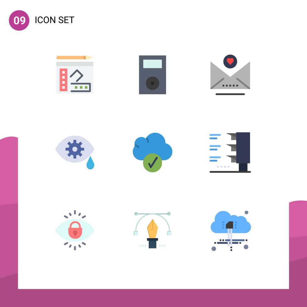 Mobile Interface Flat Color Set of 9 Pictograms of data cloud technology laser correction Editable Vector Design Elements