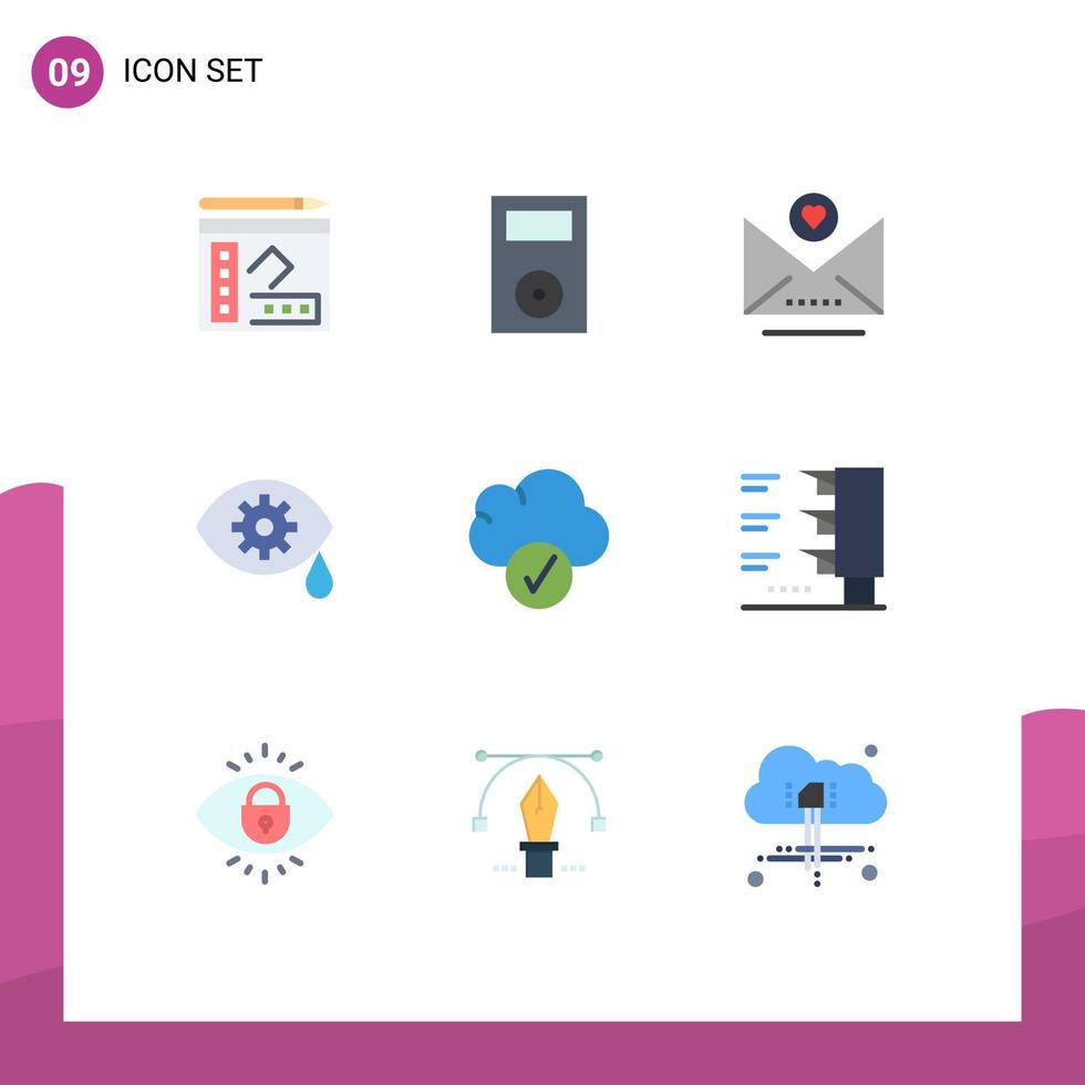 interfaz móvil conjunto de colores planos de 9 pictogramas de tecnología de nube de datos corrección láser elementos de diseño vectorial editables vector