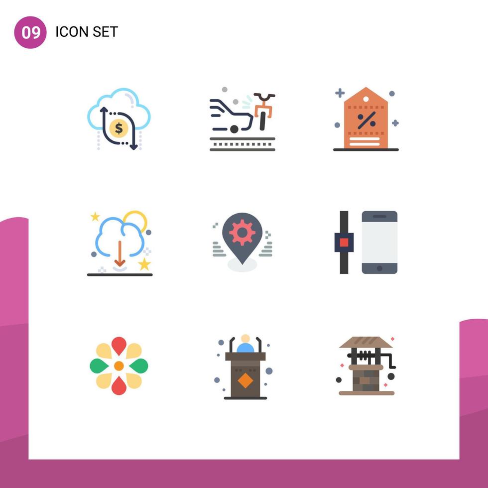 Set of 9 Vector Flat Colors on Grid for save data crash cloud shopping Editable Vector Design Elements