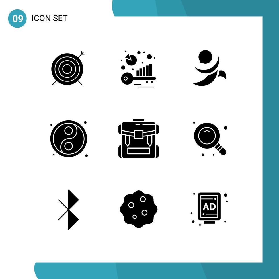 9 Thematic Vector Solid Glyphs and Editable Symbols of zipper bag golos yin yin yang Editable Vector Design Elements