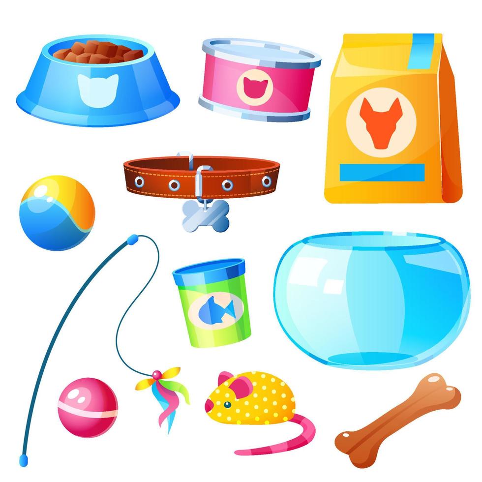 Pet shop set with toys, bowl, feed and aquarium vector