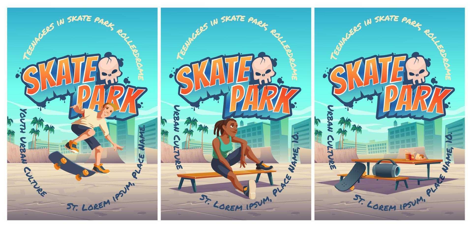 cartel del parque de patinaje con niño montando en patineta vector