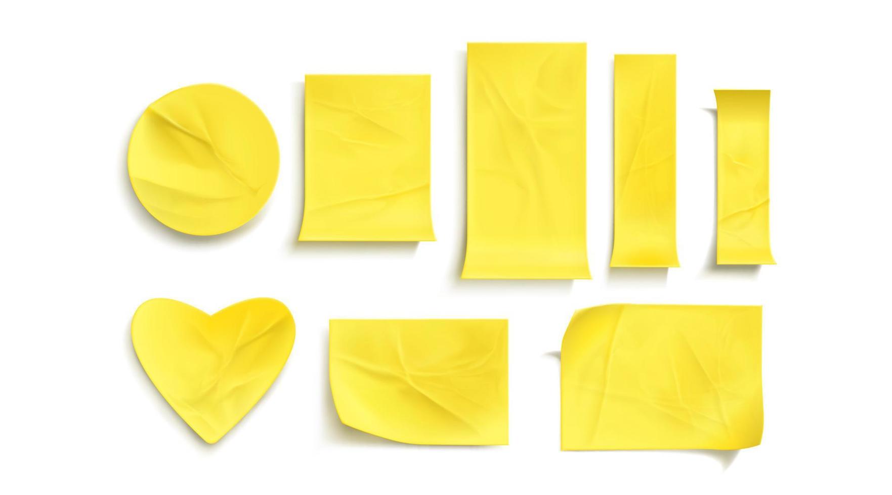 Yellow paper stickers, crumpled sticky notes vector