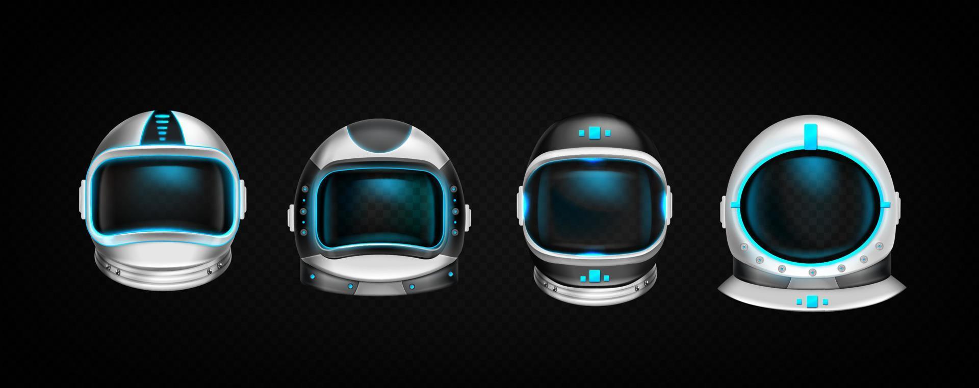 Astronaut helmets, cosmonaut 3d space suit set vector