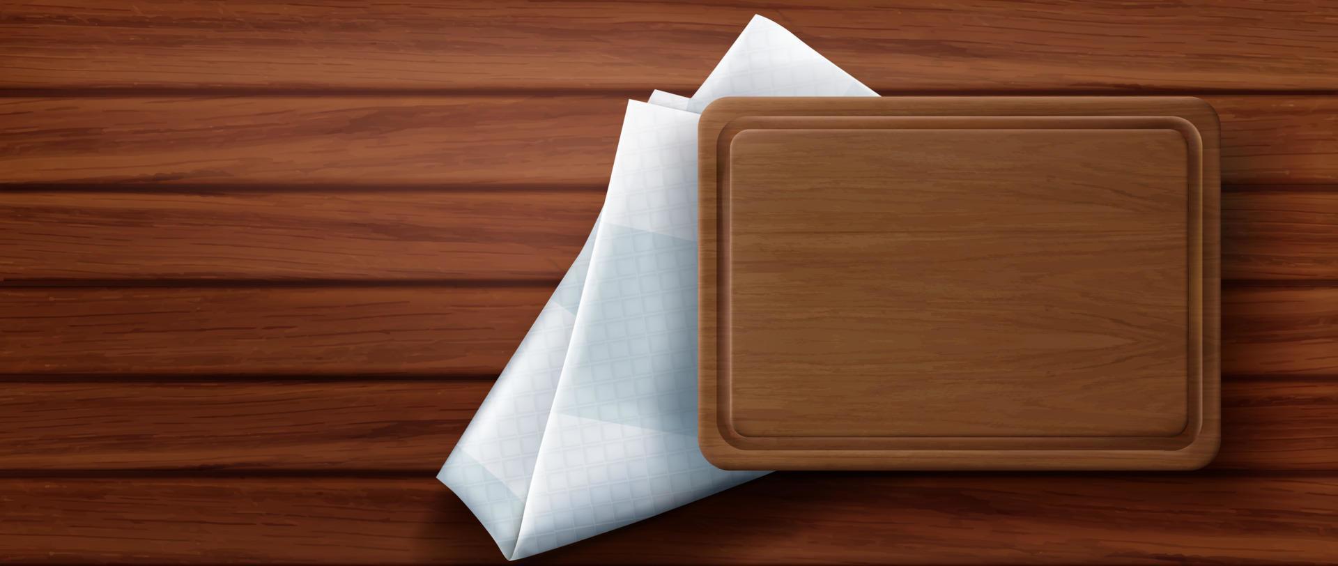 Wooden cutting board on napkin and wood table vector