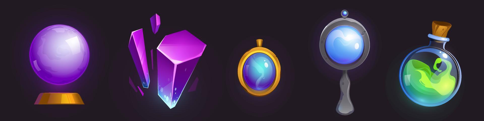 Magic amulet, crystal, mirror, sphere and potion vector