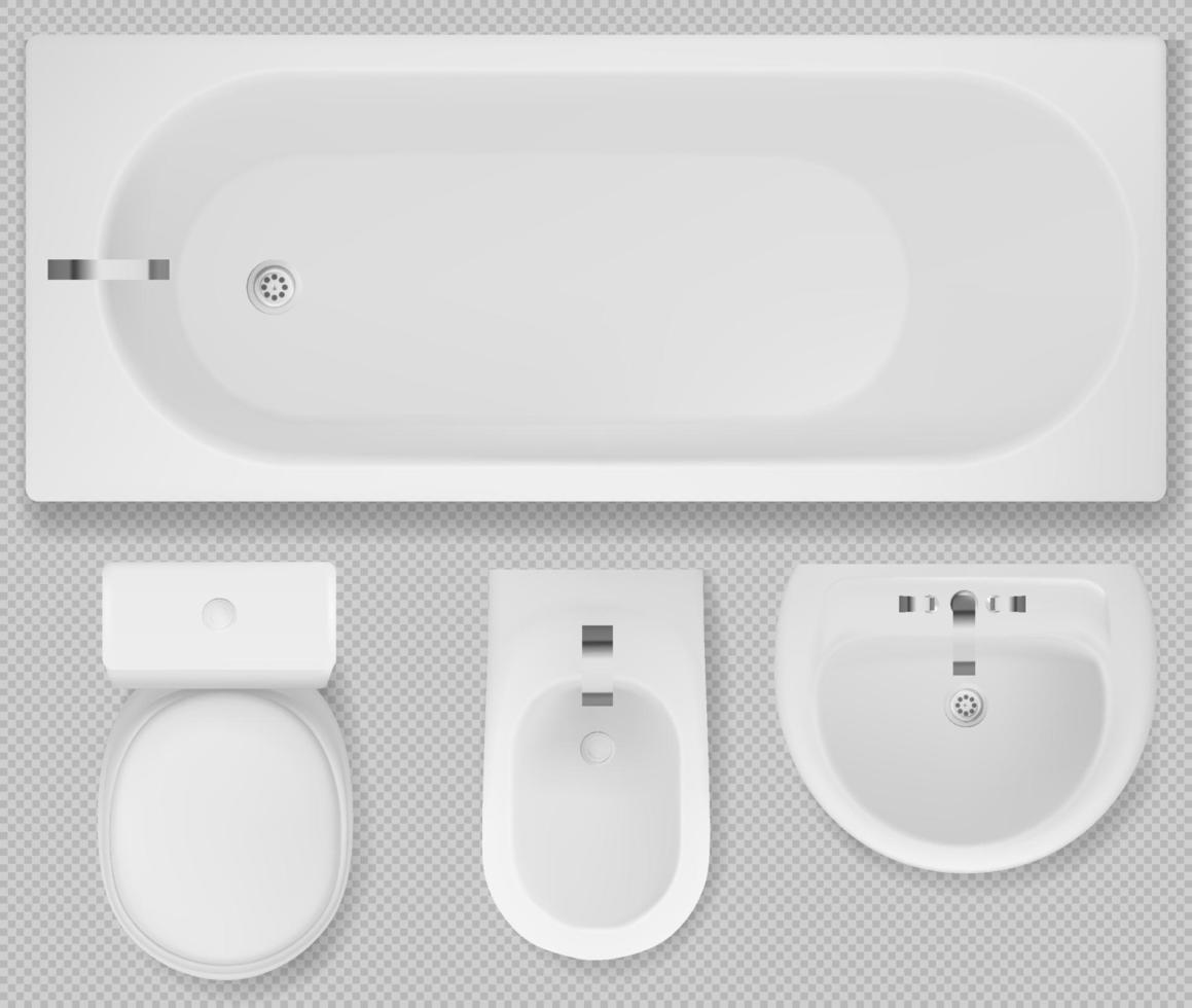 Toilet bowl, bathtub, sink and bidet top view vector