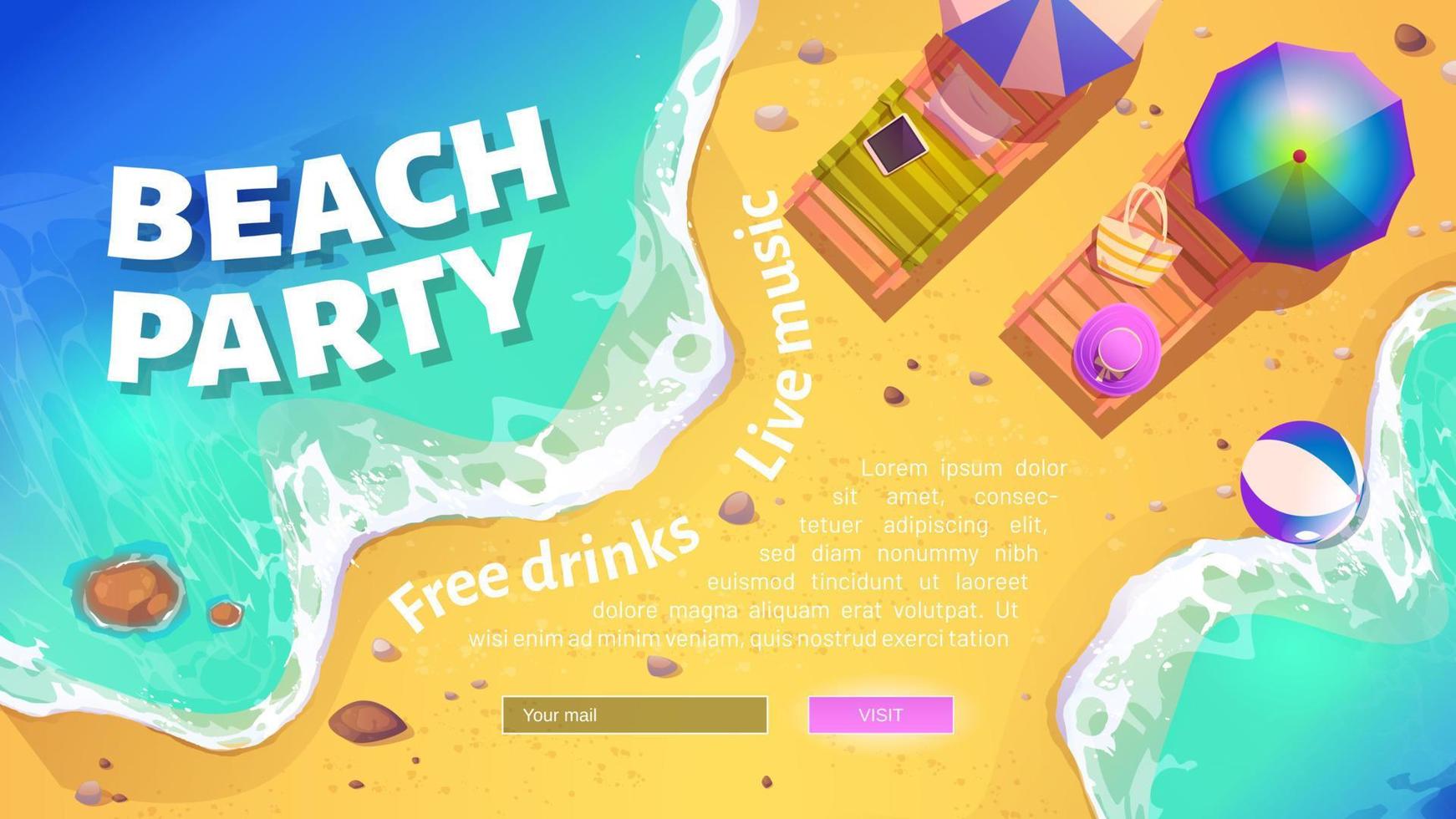 banner de fiesta en la playa con orilla del mar y tumbonas vector