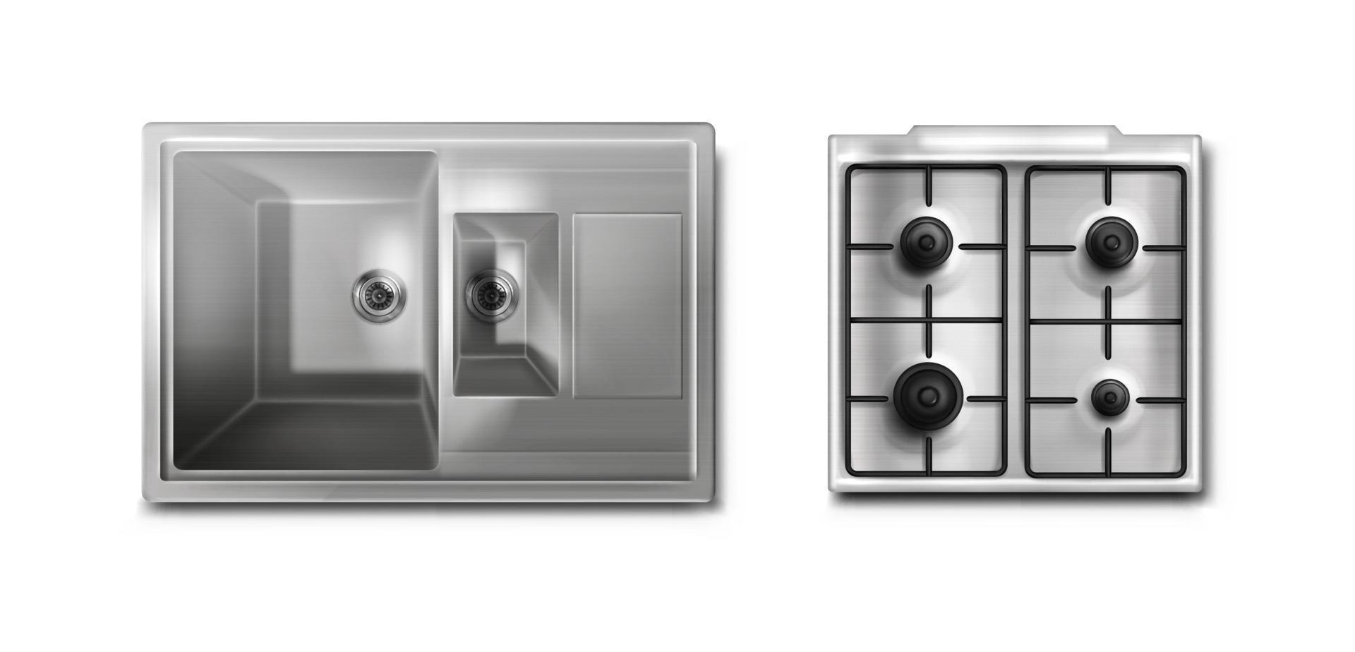 Stainless steel sink and gas stove mockup top view vector