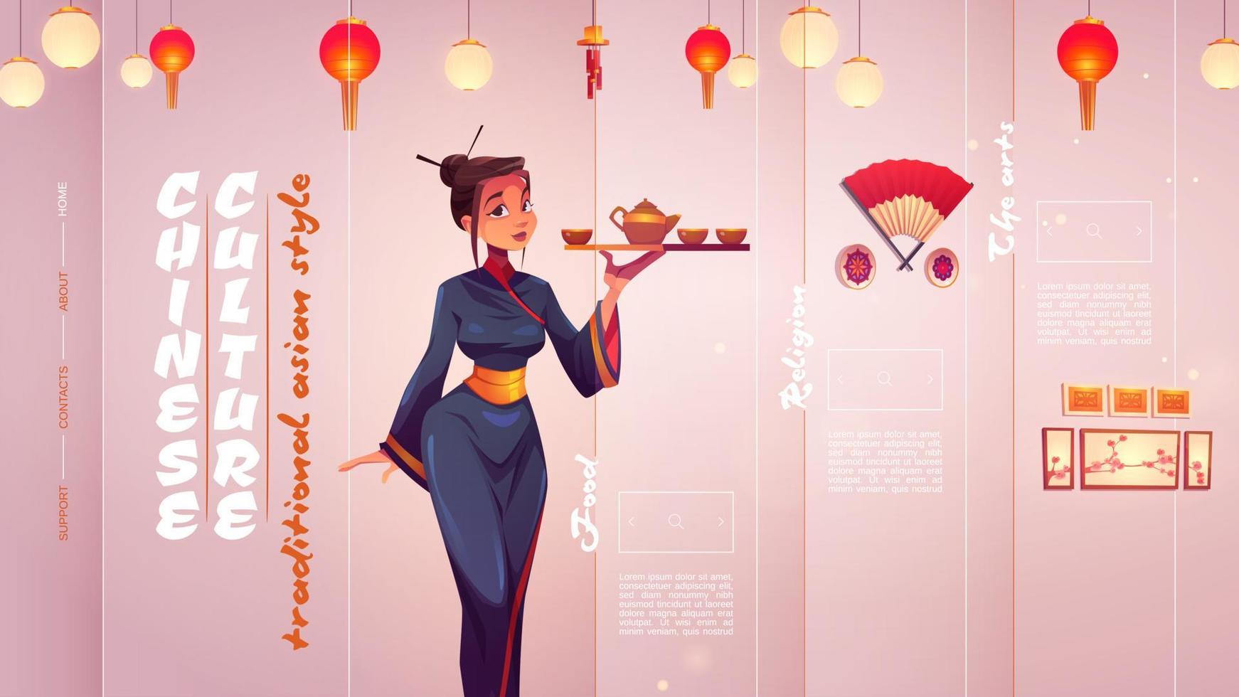 banner de cultura china con mujer en kimono vector