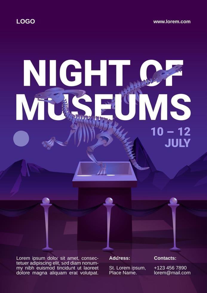 Night of museums cartoon flyer with dinosaur. vector