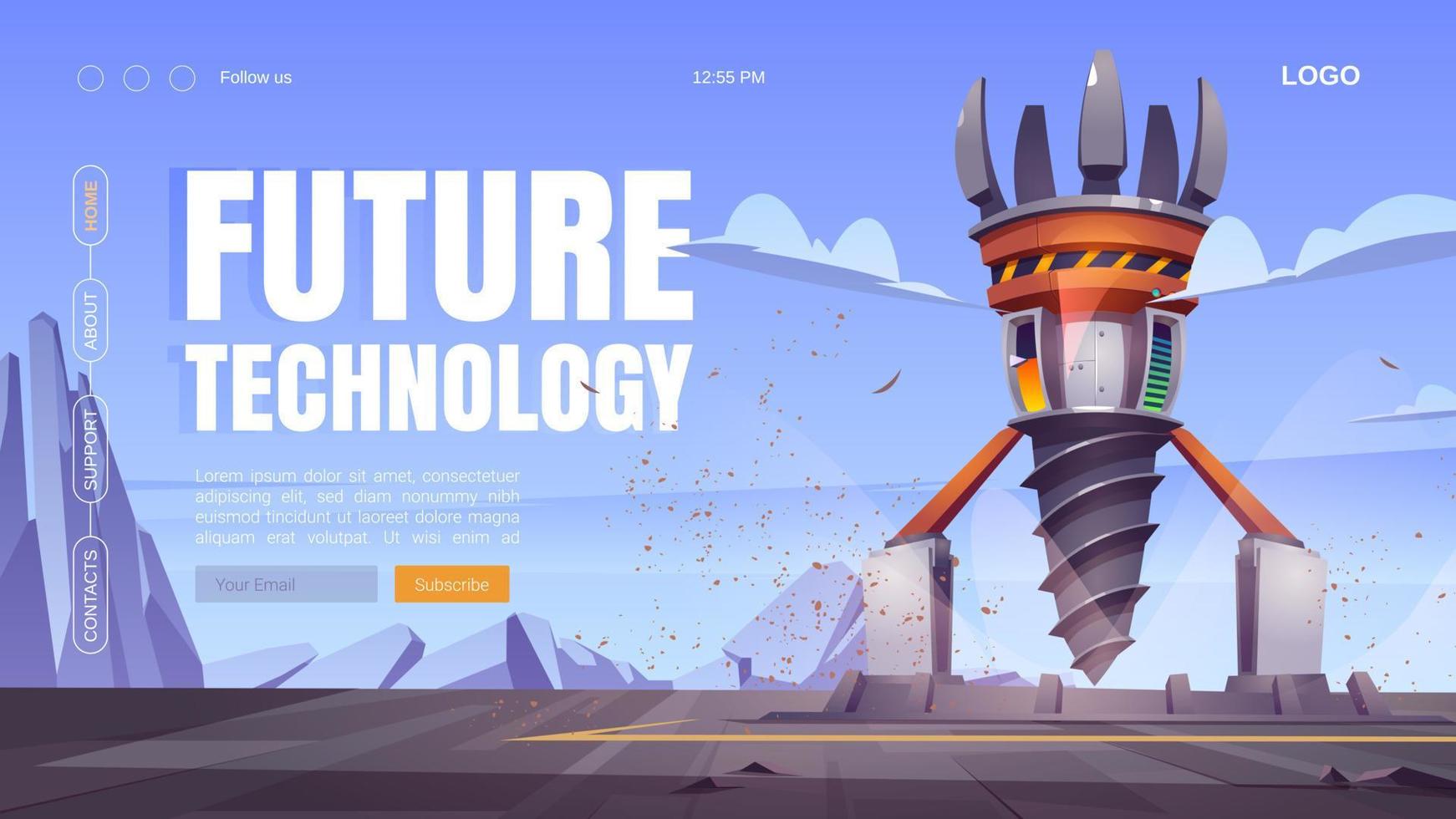 Future technology cartoon landing with drill rig vector
