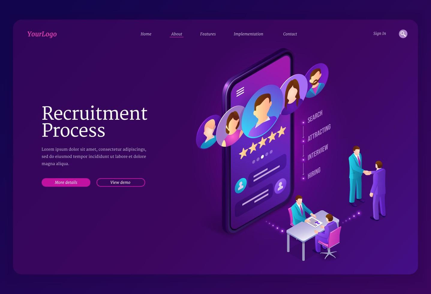 Recruitment process isometric landing page, banner vector